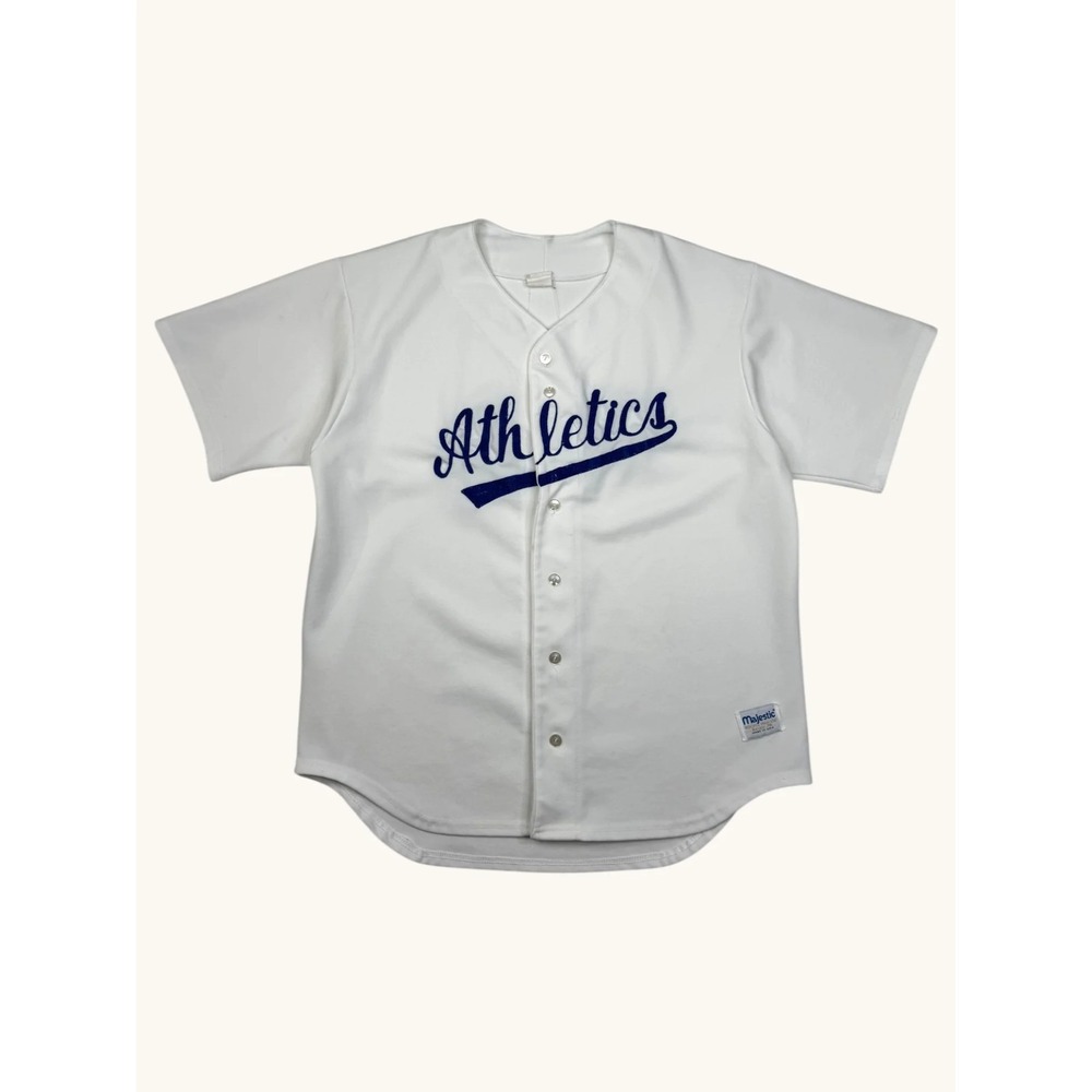 Vintage Majestic Athletics Baseball Jersey White Navy Blue Button Front USA Made